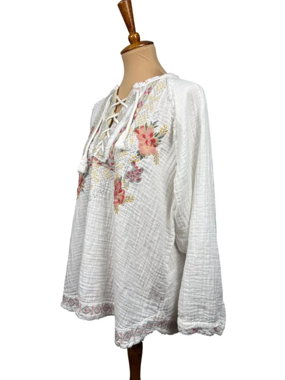 Johnny Was White Embroidered Gauze Blouse XL Boho Peasant Long Sleeve Cotton Top - Picture 3 of 10